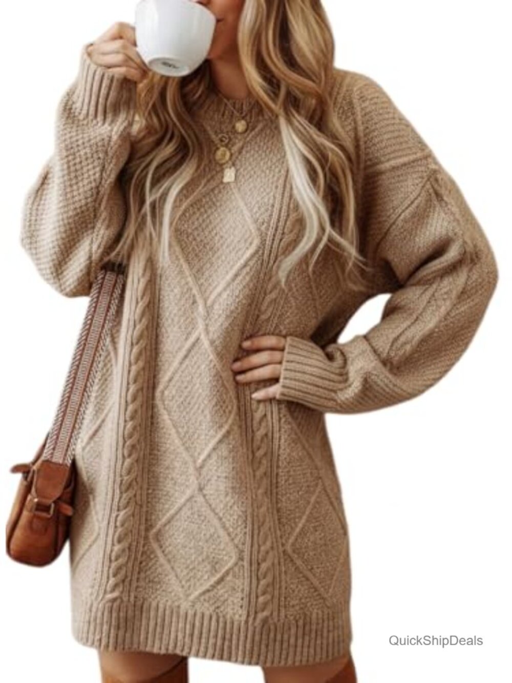Cable Knit Sweater Dress Drop Shoulder Long Sleeve Mini Pullover